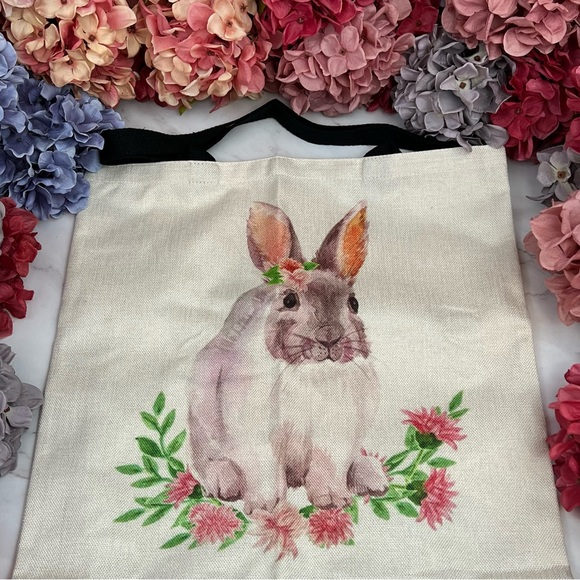 Eco-Friendly Bunny with Pink Flowers Folding Tote Bag - Picture 5 of 14